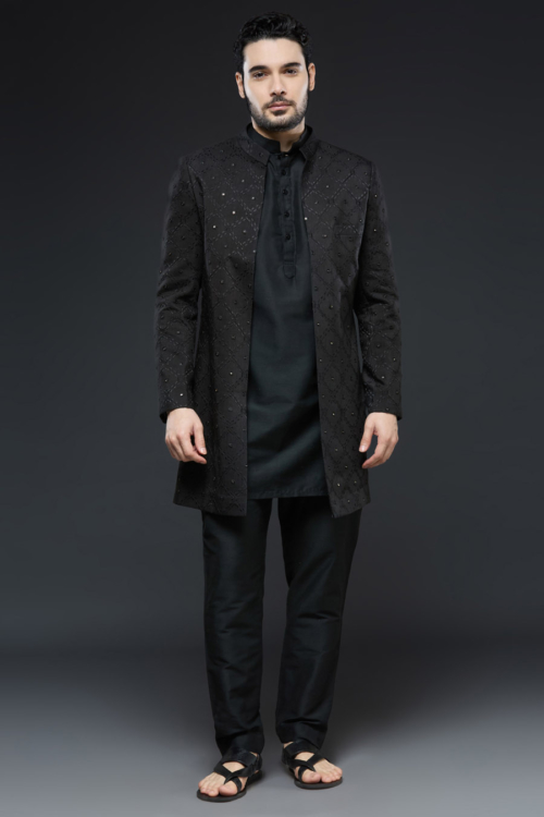 Black Sherwani Jacket Set Mens