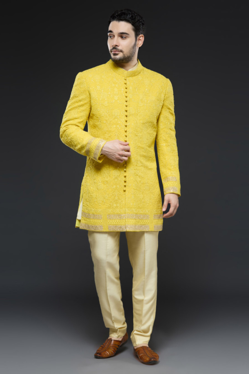 Mustard Threadwork Sherwani Jacket Set Mens