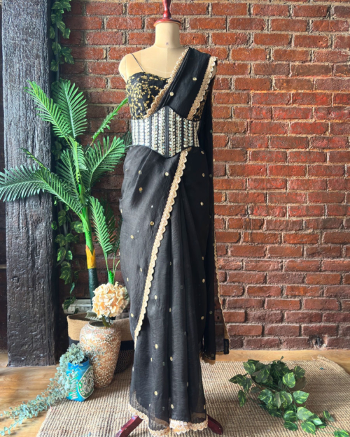 Black Organza Saree With Mirror Work Corset Belt Contour Summer 2025