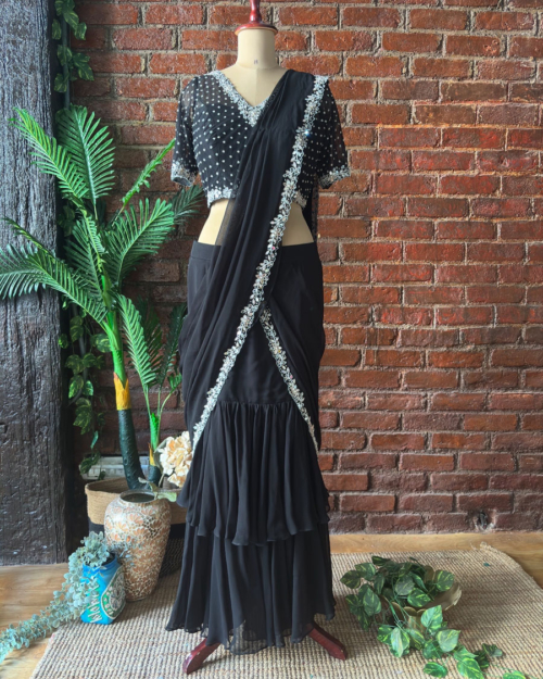 Black Ruffle Saree With Mirror Embroidery Contour Summer 2025