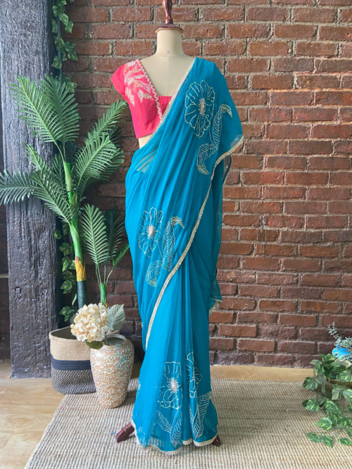 Teal Chiffon Embroidered Saree Contour Summer 2025