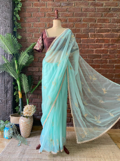 Ice Blue Organza Embroidered Saree Contour Summer 2025