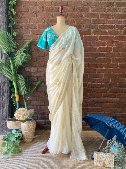 Ivory Tissue Embroidered Saree Contour Summer 2025
