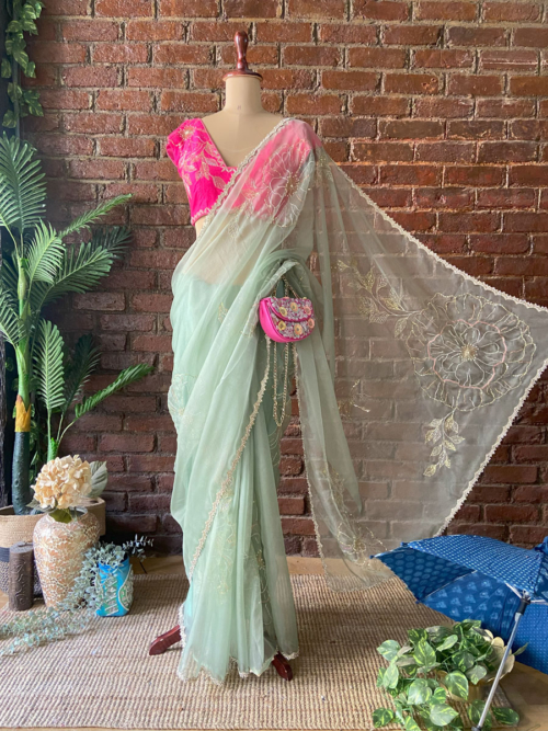 Sage Green Organza Embroidered Saree Contour Summer 2025