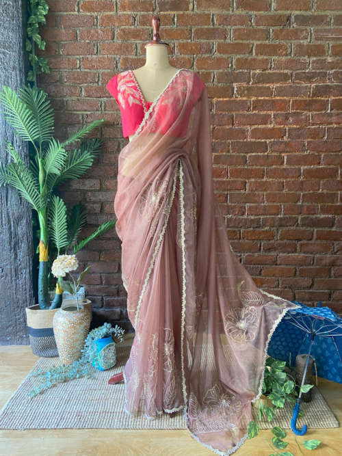 Burnt Burgundy Organza Embroidered Saree Contour Summer 2025
