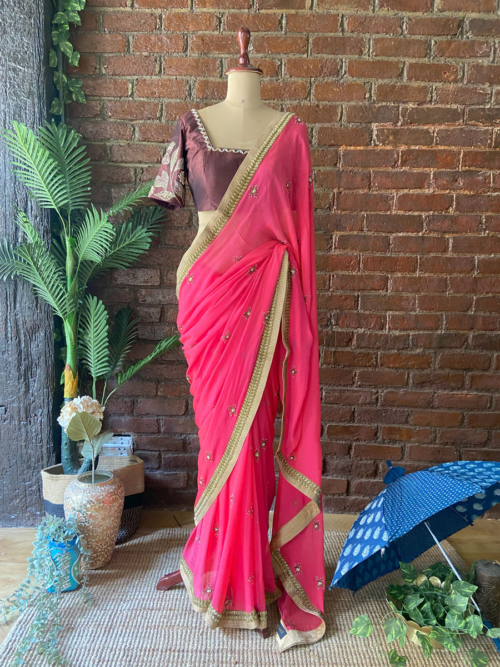 Fuchsia Chiffon Embroidered Saree Contour Summer 2025