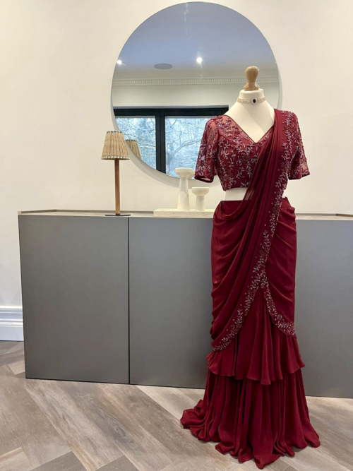 Burgundy Ruffle Saree With Self Embroidery Contour Summer 2025