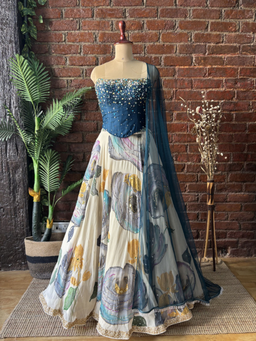 Offwhite and Blue Corset Lehenga Set Contour Summer 2025