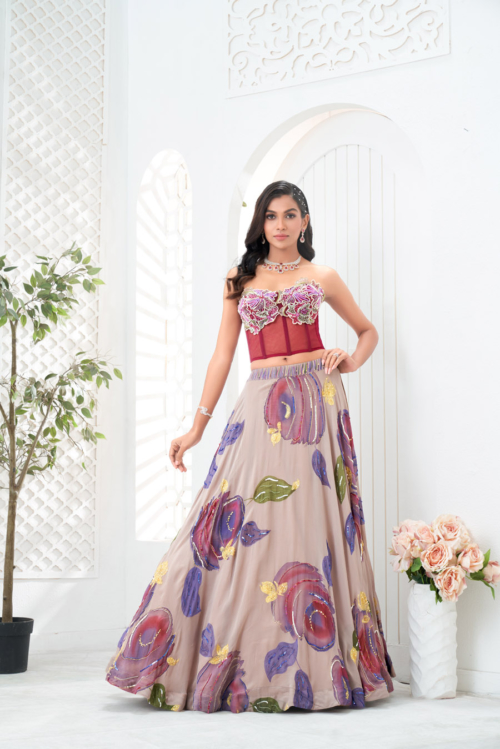 Mauve Hand Painted Lehenga and Floral Corset Set What's New