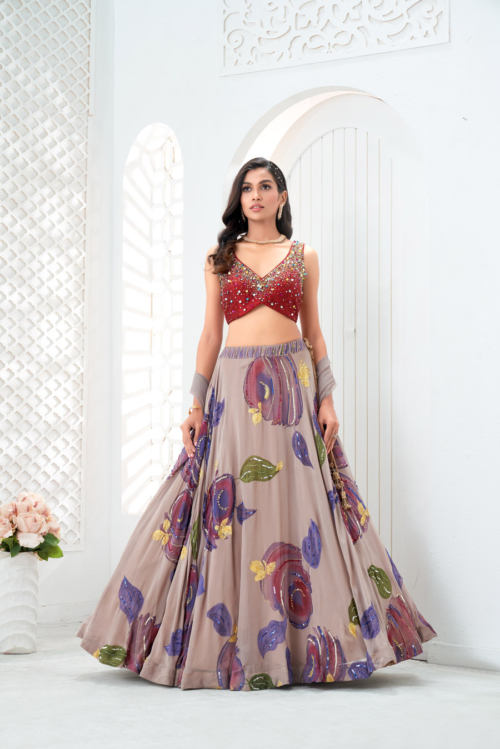 Mauve Hand Painted Lehenga and Embroidered Red Blouse Set What's New