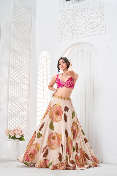 Baby Pink Hand Painted Lehenga and Embroidered Bralette Set What's New