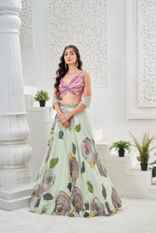 Mint Green Hand Painted Lehenga and Butterfly Blouse Set What's New