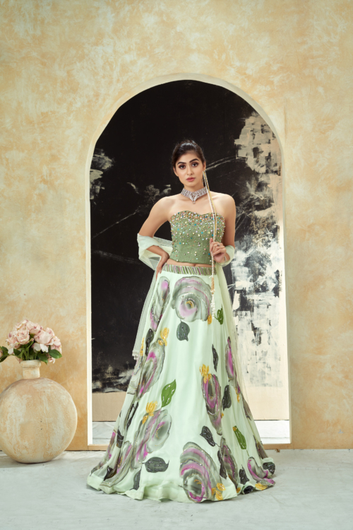 Mint Green Hand Painted Lehenga and Green Corset Set What's New
