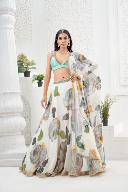 Ivory Hand Painted Lehenga and Mint Bralette Blouse Set What's New