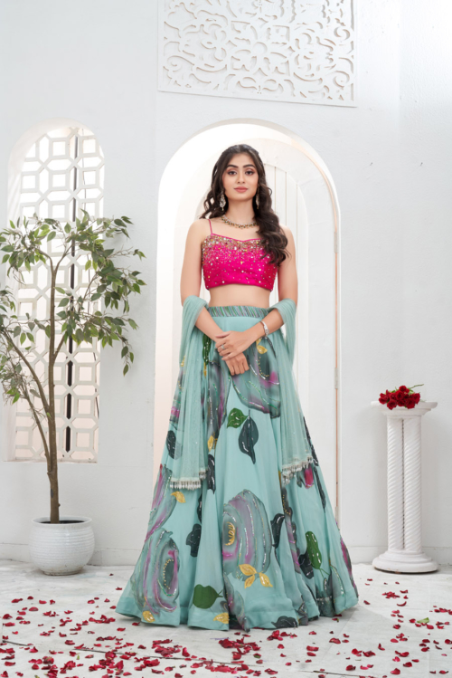 Dusty Blue Hand Painted Lehenga With Pink Embroidered Bustier Set What's New