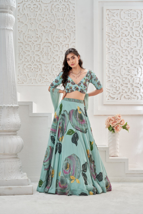 Dusty Blue Hand Painted Lehenga Set What's New