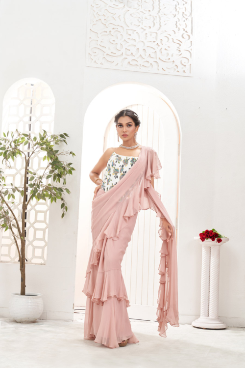Mauve Ruffle Saree and Hand Painted Corset Set What's New