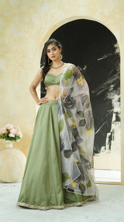 Sage Green Lehenga Set With Hand Painted Dupatta What's New