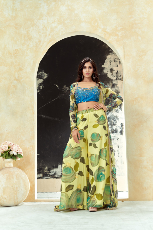 Lime Yellow Hand Painted Palazzo and Jacket Set What's New