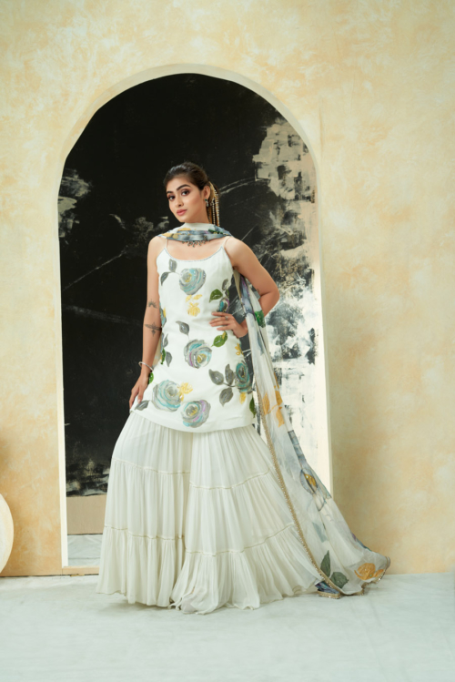 Ivory Hand Painted Slip Kurta and Sharara Set What's New