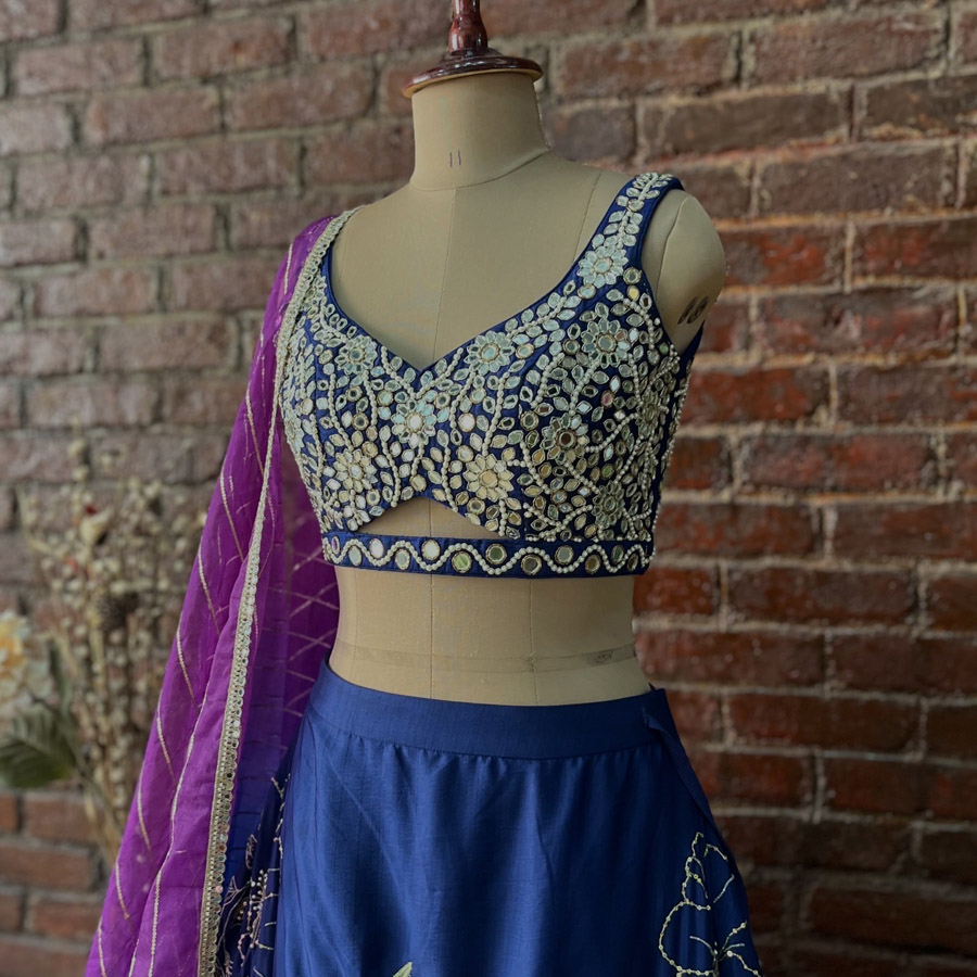 Indigo Blue and Aubergine Lehenga Set With Mirror Work Blouse Bridal Couture 2 Indigo Blue and Aubergine Lehenga Set With Mirror Work Blouse Bridal Couture 2