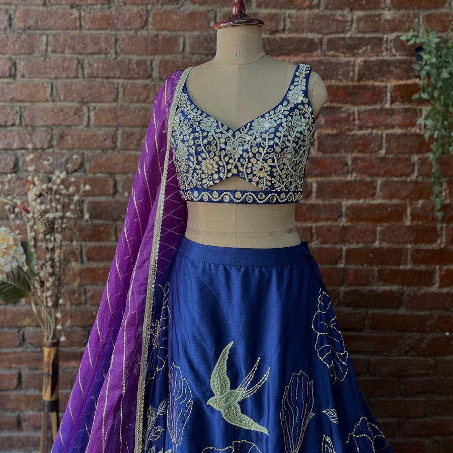 Indigo Blue and Aubergine Lehenga Set With Mirror Work Blouse Bridal Couture 6 Indigo Blue and Aubergine Lehenga Set With Mirror Work Blouse Bridal Couture 6