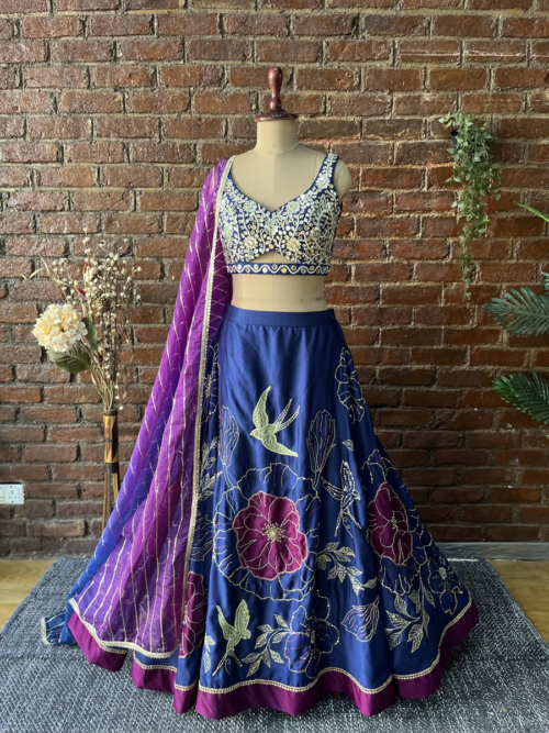 Indigo Blue and Aubergine Lehenga Set With Mirror Work Blouse Bridal Couture Indigo Blue and Aubergine Lehenga Set With Mirror Work Blouse Bridal Couture