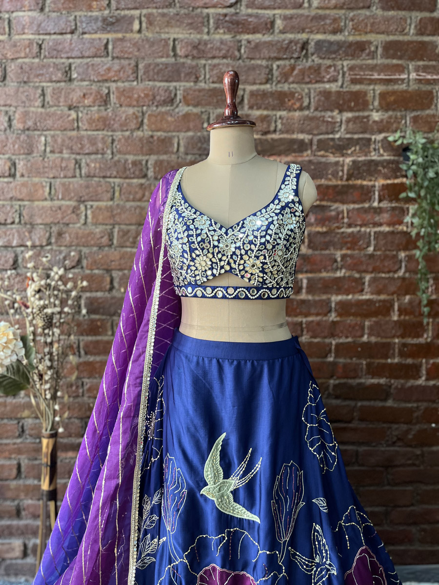 Indigo Blue and Aubergine Lehenga Set With Mirror Work Blouse Bridal Couture 5 Indigo Blue and Aubergine Lehenga Set With Mirror Work Blouse Bridal Couture 5
