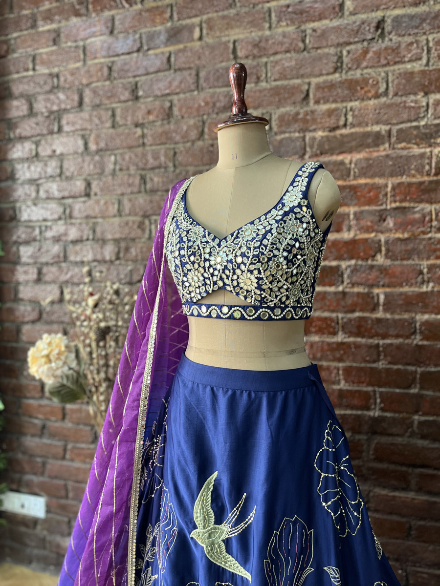 Indigo Blue and Aubergine Lehenga Set With Mirror Work Blouse Bridal Couture 4 Indigo Blue and Aubergine Lehenga Set With Mirror Work Blouse Bridal Couture 4