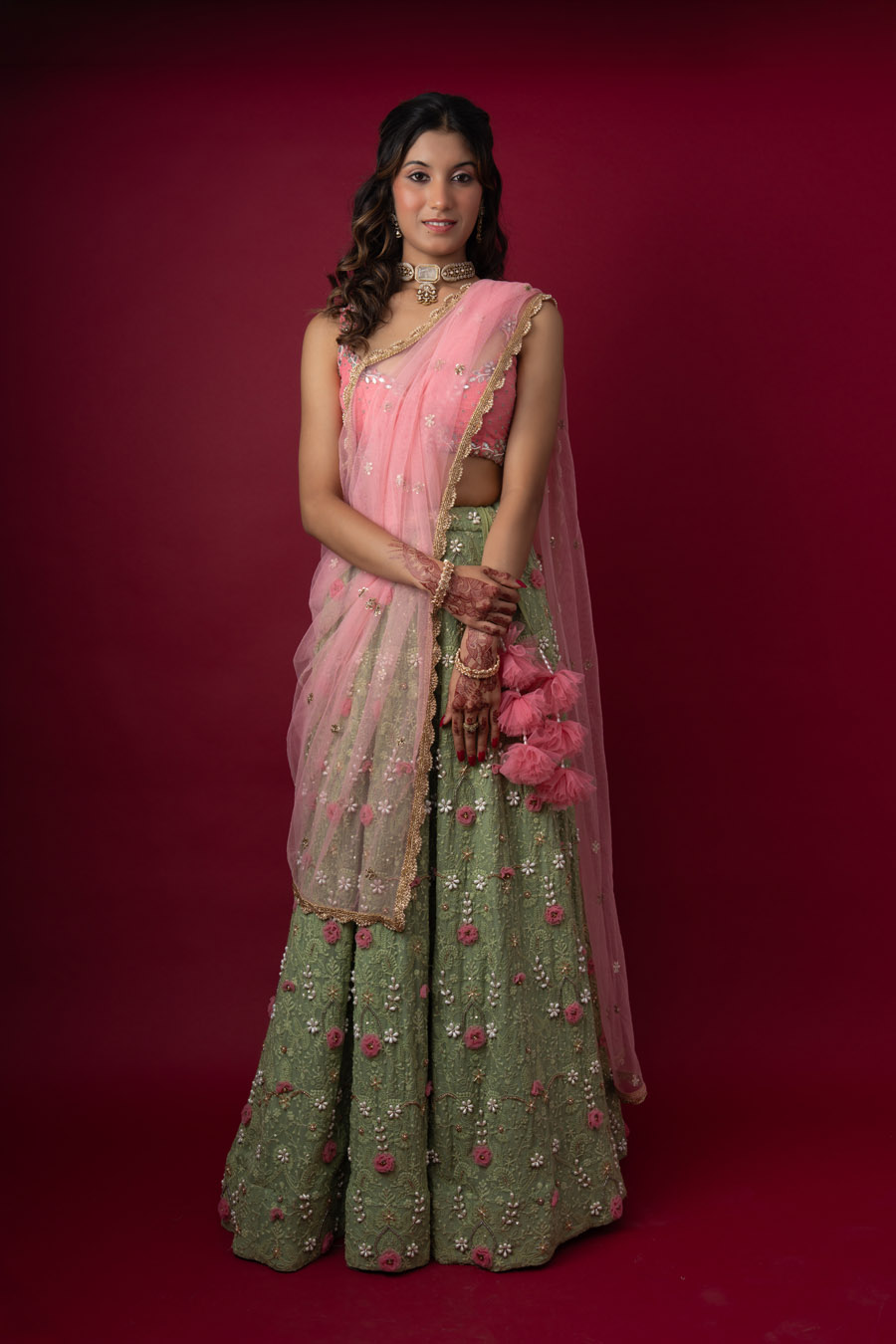 Sage Green and Blush Pink Floral Lehenga Set Bridal Couture Sage Green and Blush Pink Floral Lehenga Set Bridal Couture