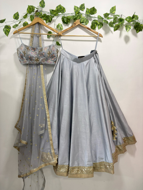 Grey Lehenga Set With Embroidered Bustier Lehengas