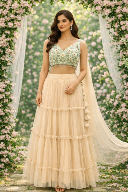 Mint and Peach Lehenga Set Lehengas