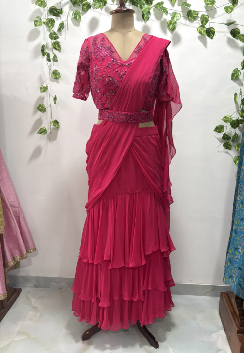 Pink Ruffle Saree With Embroidered Blouse Sarees Pink Ruffle Saree With Embroidered Blouse Sarees