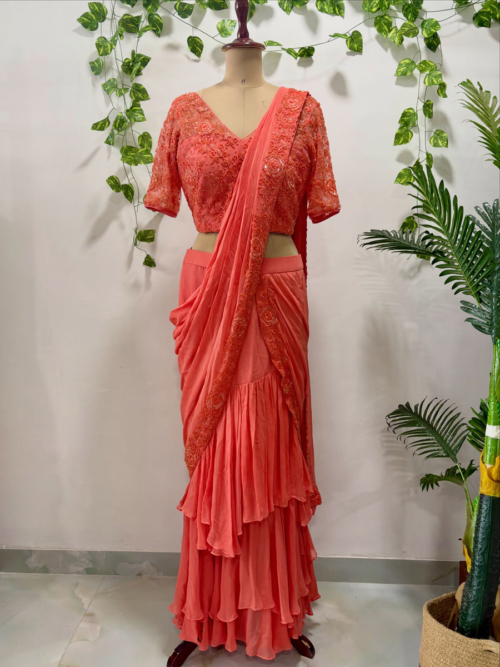 Coral Embroidered Ruffle Saree and Blouse Sarees Coral Embroidered Ruffle Saree and Blouse Sarees
