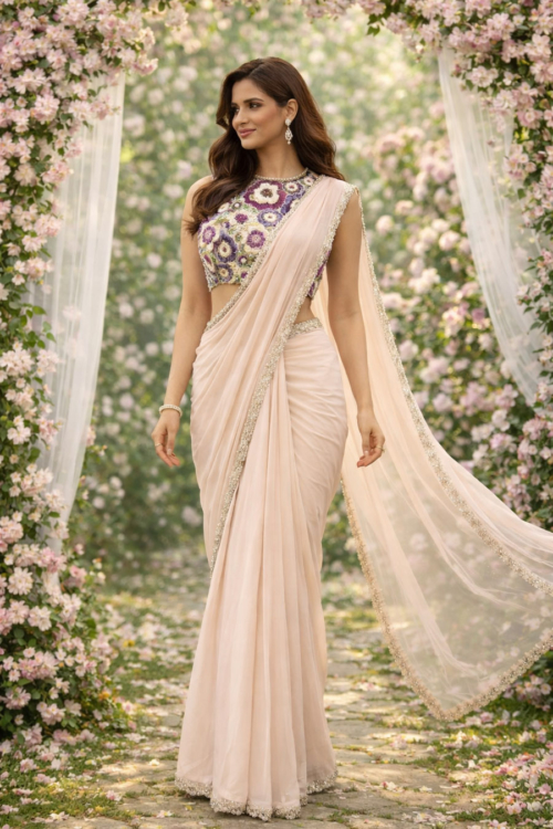 Beige and Multicolor Pre-Stitched Saree Sarees Beige and Multicolor Pre-Stitched Saree Sarees