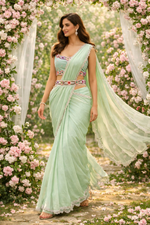 Mint Sequin Work Pre-Stitched Saree Sarees Mint Sequin Work Pre-Stitched Saree Sarees