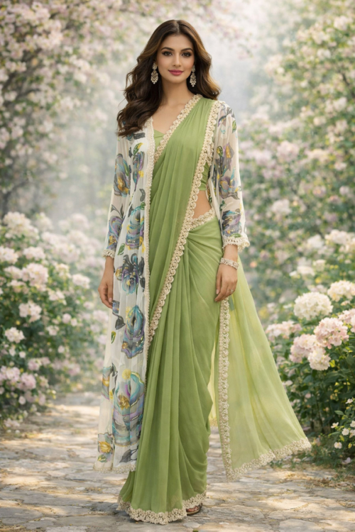 Sage Green and Ivory Jacket Saree Sarees Sage Green and Ivory Jacket Saree Sarees